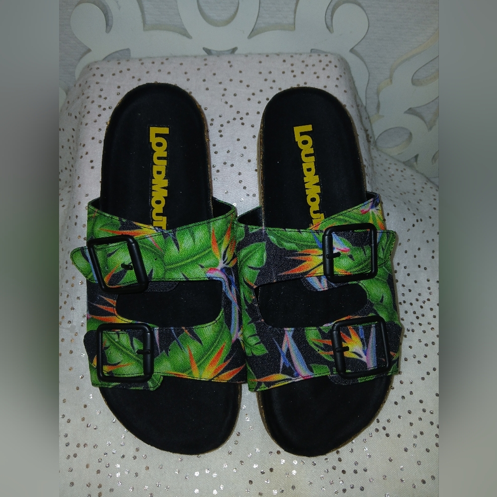 Loudmouth Jungle Print Slide Sandals - Green and Black